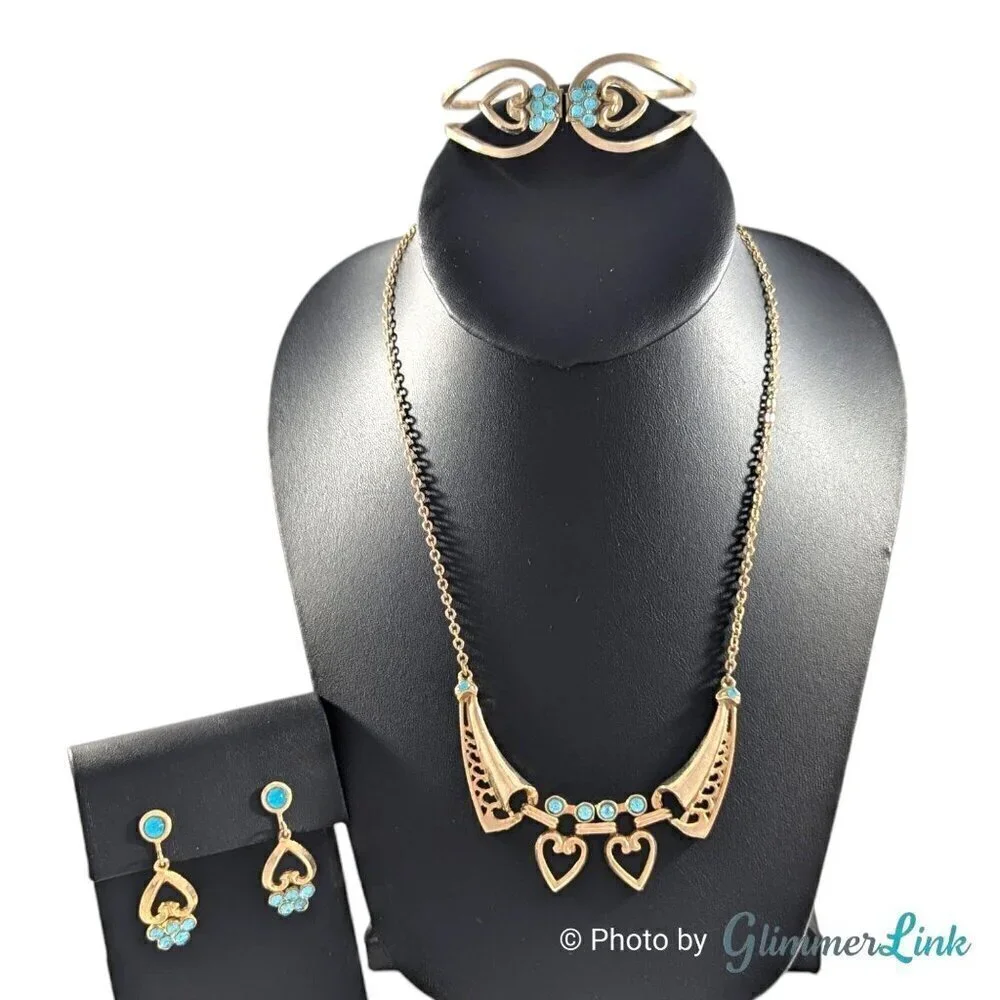 VTG Heart Aqua Blue Rhinestones Necklace Earrings & Bracelet Gold Tone Set